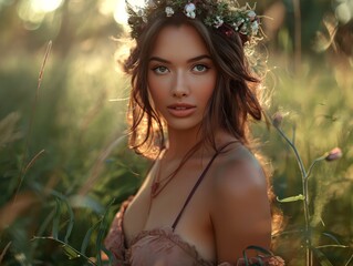 Poster - A woman wearing a flower crown and a necklace is standing in a field of grass. The image has a peaceful and natural feel to it, with the woman's outfit