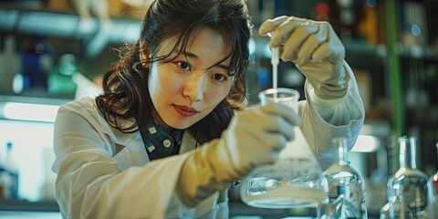 Poster - A researcher pouring reagents into a glass beaker