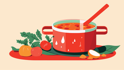 Cooking soup in a pot. Vector illustration in flat style.