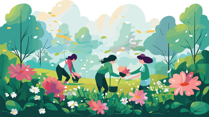 Vector illustration of a group of people planting flowers in the garden.