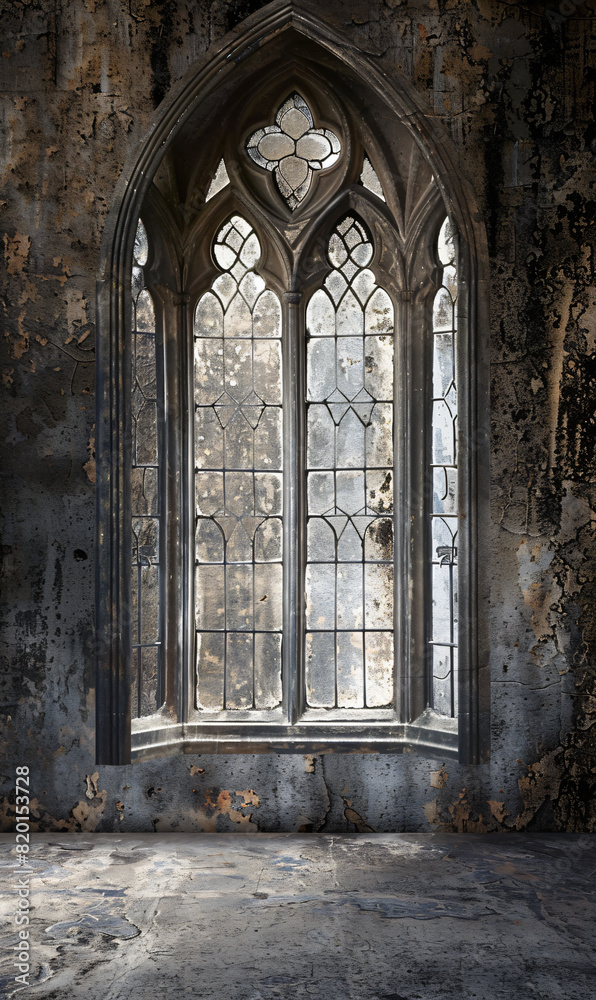 Gothic arched window with stained glass in a weathered stone wall ...