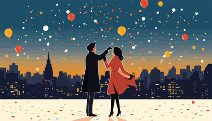 Couple in love on the background of the night city. Vector illustration