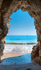 Canvas Print - Scenic view of a sandy beach and ocean framed by a rocky cave. Nature photography for design and print