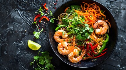Wall Mural - Top-down view of black bowl filled with colorful shrimp stir-fry, featuring carrots, peppers, and fresh herbs on dark textured background