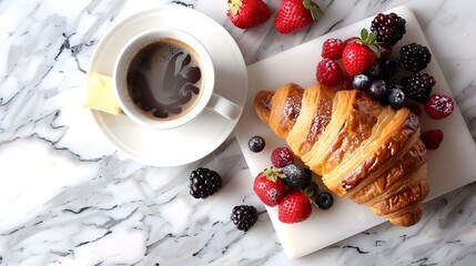 Wall Mural - Freshly Baked Croissant with Assorted Berries and Hot Coffee on Marble Table Captured from Above