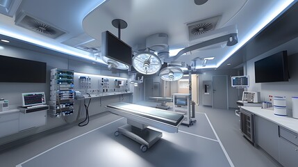 Wall Mural - High-Tech Modern Operating Room with Advanced Medical Equipment, Multiple Monitors, Surgical Lights, Ergonomic Tables, and Sterile Environment