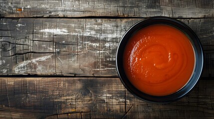 Wall Mural - Smooth Tomato Soup in Black Bowl on Rustic Wooden Table with Detailed Wood Texture and Freshly Ground Black Pepper