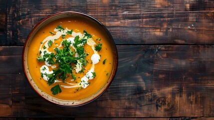 Wall Mural - Gourmet Pumpkin Soup with Cream Drizzle and Fresh Parsley in Brown Bowl on Rustic Wooden Surface Top View