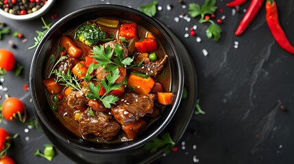 Wall Mural - Hearty Beef Stew with Tender Vegetables and Fresh Parsley in Black Bowl on a Dark Surface with Colorful Spices Top View