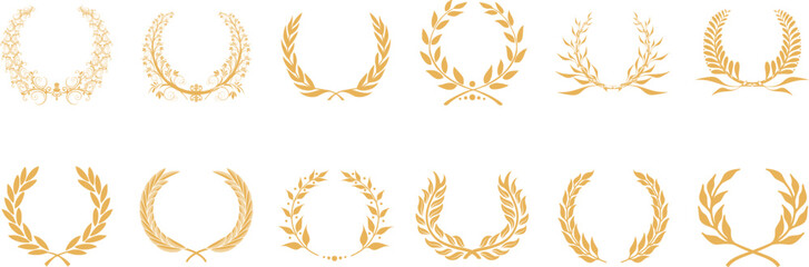 gold laurel wreath, winner award set, branch of olive leaves or stars of victory symbol
