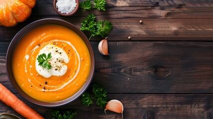 Wall Mural - Hearty Pumpkin Soup, Creamy Pumpkin Soup with Garnish and Fresh Herbs on Dark Wooden Surface, copy space for mockup template banner