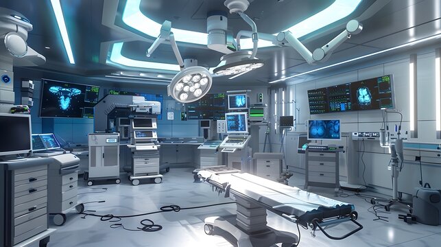 high tech surgical room with state-of-the-art equipment, bright lighting, advanced monitoring system