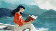 © MKIgrach - Art illustration of a woman in red shirt and white jeans reading a book on a boat.