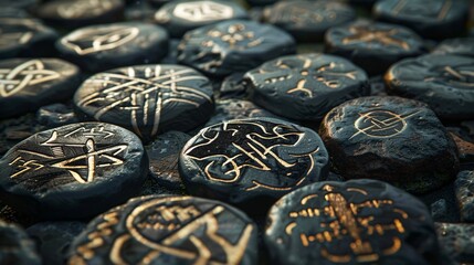 Closeup of ancient runes engraved on stones or metal objects, believed to possess magical properties and used for casting spells or protection