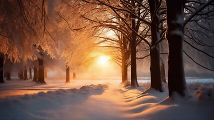 Wall Mural - beautiful winter landscape, old tree branches in snow covered forest, bright sunlight and beautiful nature