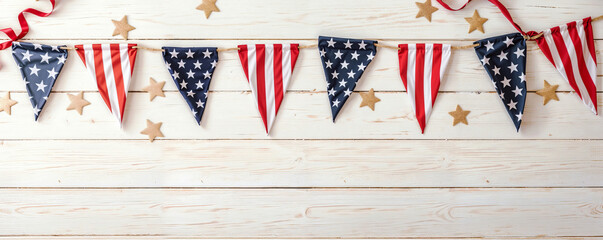 American flag stars and stripes bunting pennants on rustic white wood background. Party decorations backdrop for Independence, Memorial Day or patriotic event. Vibrant red, white and blue 8k banner