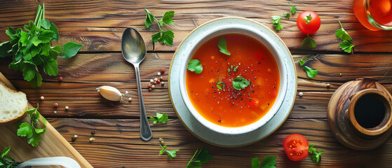 Wall Mural - A bowl of soup with a spoon on a wooden table