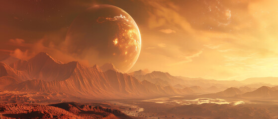 Wall Mural - A large planet with a bright yellow sun in the sky