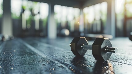 A focused shot capturing sweat-soaked dumbbells on a rubber floor, reflecting dedication to fitness and hard work in a gym setting