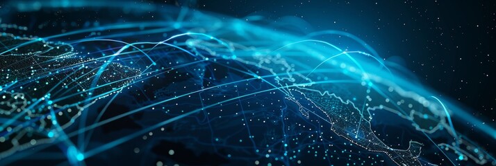 Poster - Network connections over a digital Europe - This dynamic image exhibits numerous network lines swooping over a digital representation of Europe, metaphorizing the digital connections