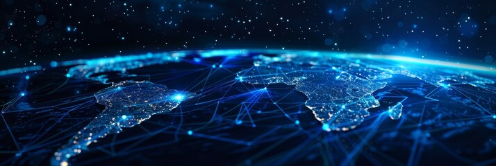 Poster - Digital World Map with interconnected nodes - Digital rendering of a world map featuring interconnected nodes and pathways illustrates the concept of global data exchange