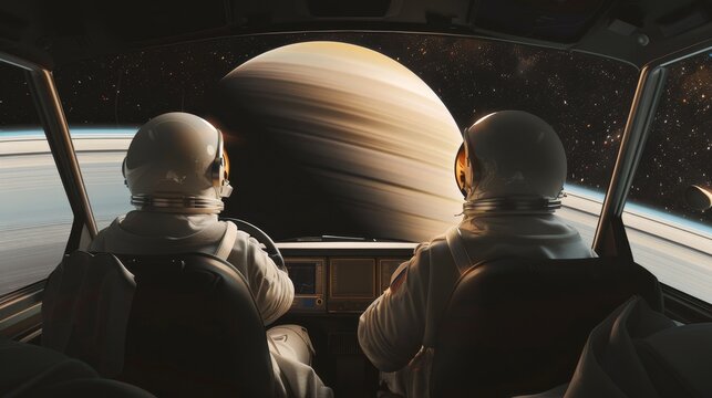 Astronauts looking at a gas giant from a spacecraft - Two astronauts observe a magnificent gas giant from the cockpit of a spacecraft, a moment of human discovery