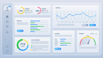 Poster - user-friendly dashboard with various panels displaying infographics, statistical data, metrics such 