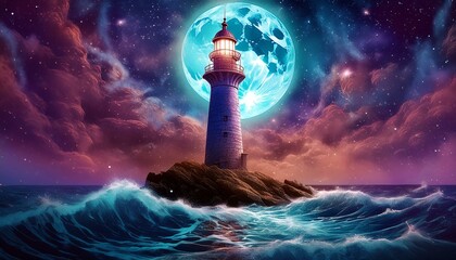 Wall Mural -  A lighthouse illuminated by a full moon, with the moonlight reflecting on the water. 