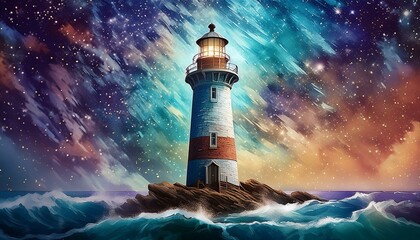 Wall Mural -  A lighthouse under a clear, starry night sky, with stars twinkling above and a calm sea