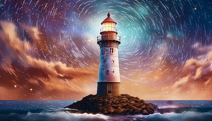 Wall Mural -  A lighthouse under a clear, starry night sky, with stars twinkling above and a calm sea