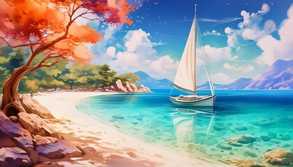 Wall Mural -  A sailboat anchored in a serene bay with clear blue waters and a smooth sandy shore. 