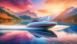 © Jay Kat. - A speed boat speeding across a lake with majestic mountains in the background.