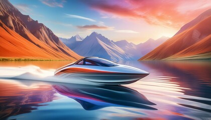 Wall Mural -  A speed boat speeding across a lake with majestic mountains in the background.