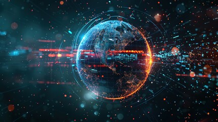 The digital globe spins out of control, global network and connectivity across Earth. Data transfer occurs at breakneck speeds, fueling a frenzy of business transactions