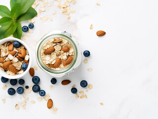 Wall Mural - Ingredients for a healthy breakfast, white background, space for text