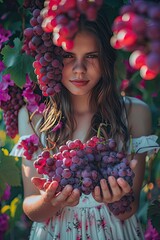 Wall Mural - Harvest in the hands of a woman in the garden. Selective focus.