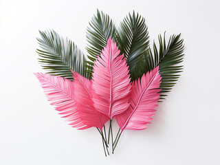 Wall Mural - Flat lay arrangement of a pink bouquet and tropical palm leaf on white background