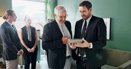 Poster - Tablet, discussion and business people in office for meeting, project feedback and online report. Corporate lawyer, advice and men and women on digital tech for networking, planning and teamwork