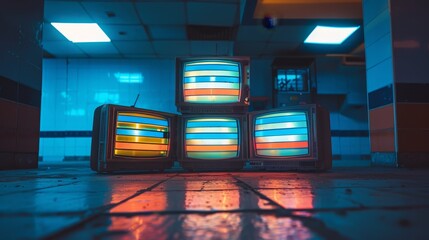 Wall Mural - Stack of vintage TVs in a blue-lit empty room - A creative stack of old televisions displaying colorful gradients in a blue-lit abandoned place