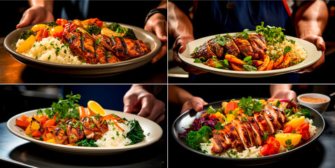 Wall Mural - 4 photos, Healthy sports nutrition served by waiters. Grilled chicken and other nutritious dishes. Personalized nutrition plans for athletes and fitness enthusiasts.