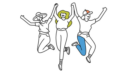 Women jumping with smiles doodle style minimal color fill, joy, happiness, celebration, freedom, empowerment, cartoon, character, drawing, line art vector illustration, minimal color modern line art. 