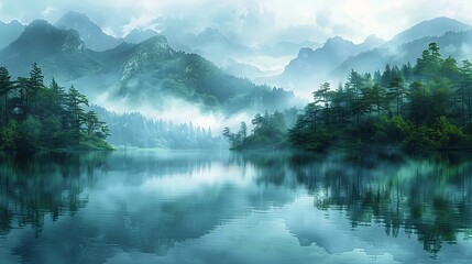 boat floating deep near mountains trees green blue color grey forest background floats air breath condensation forests swirling