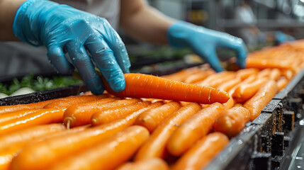 Carrot production line at a food factory, workers' hands in blue gloves carefully sort the carrots into wooden boxes for packaging. Closeup of a carrot with copy space