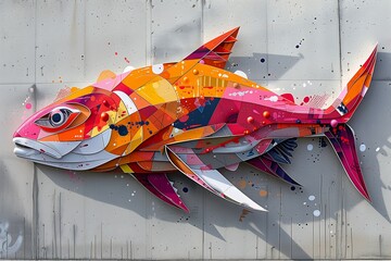 brightly colored fish paper wall paint splatters fluid dynamic forms bold salmon city color background body shape helix heavy outlines metallic warm scheme