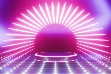 Poster - A glowing stage with neon lights in a futuristic setting.3d rendering