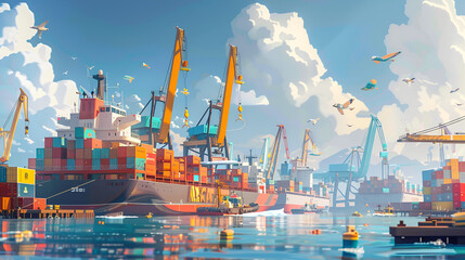 vibrant and busy cargo port with ships, cranes, and containers