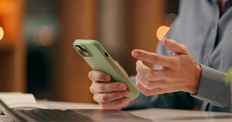 Poster - Business woman, hands and typing with phone at night for communication, research or browsing at office. Closeup of female person or employee working late on mobile smartphone for online news or app