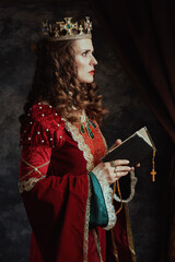 Sticker - medieval queen in red dress with book, rosary and crown