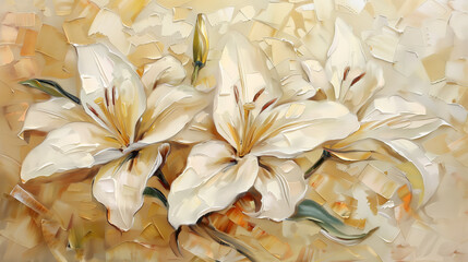 Wall Mural - A painting of three white flowers with green stems