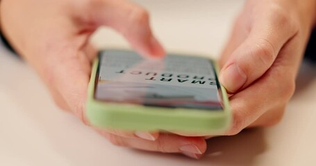 Poster - Person, hands and browsing website with phone for research, information or news at office. Closeup of employee or user scrolling on internet or web for online search or product on mobile smartphone
